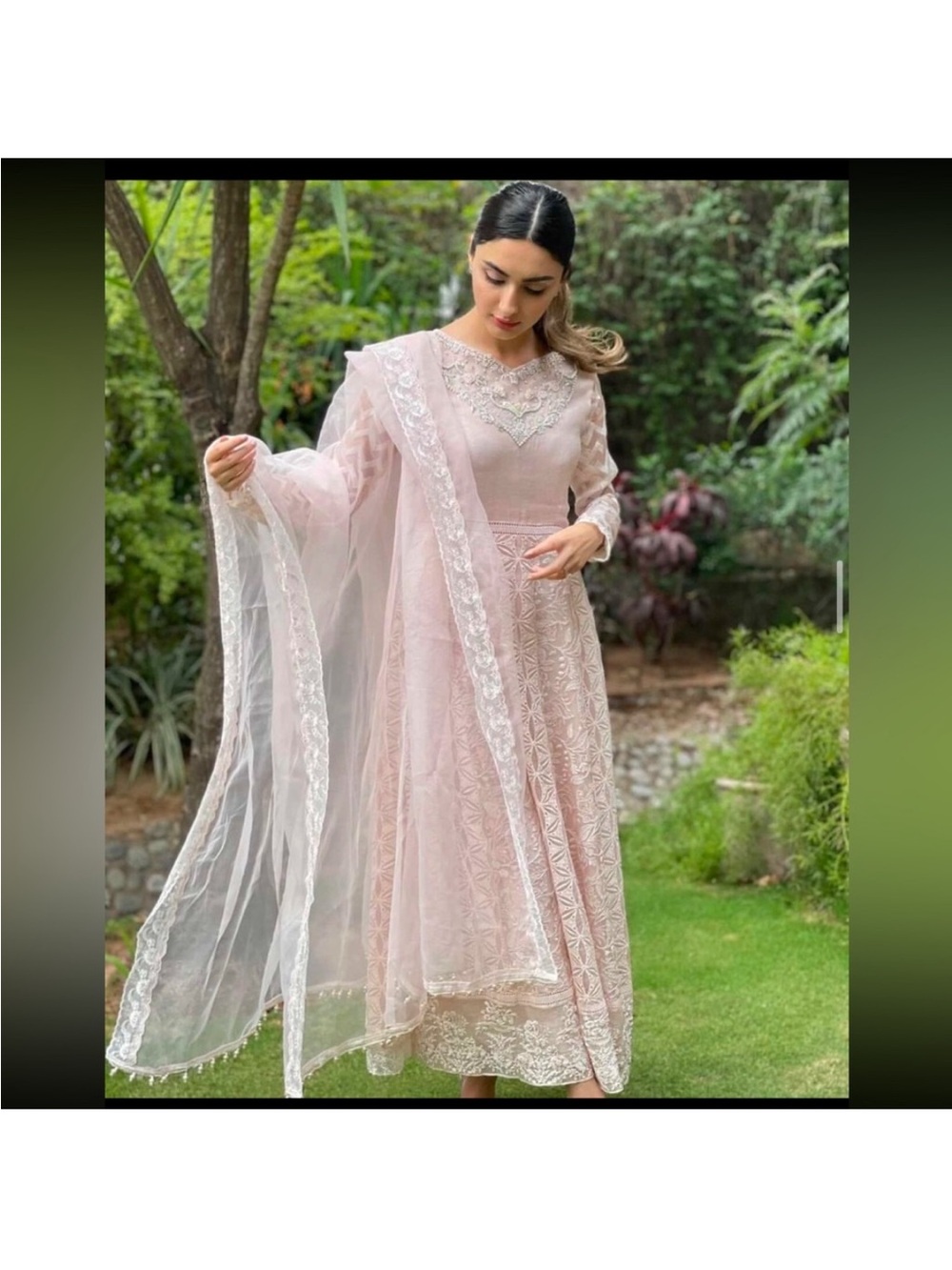 Embroidered Pastel Pink Anarkali Dress with Sheer Dupatta
